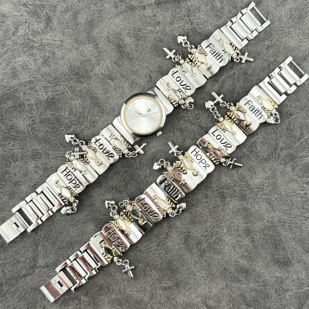 Faith Love Hope Dangle Silver Gold Tone Charm Womens Bracelet & Watch 7.5" READ!